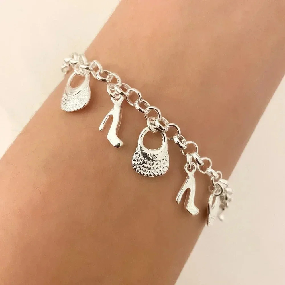 925 Sterling Silver Shoe Handbag Charm Bracelet Toggle Bracelet